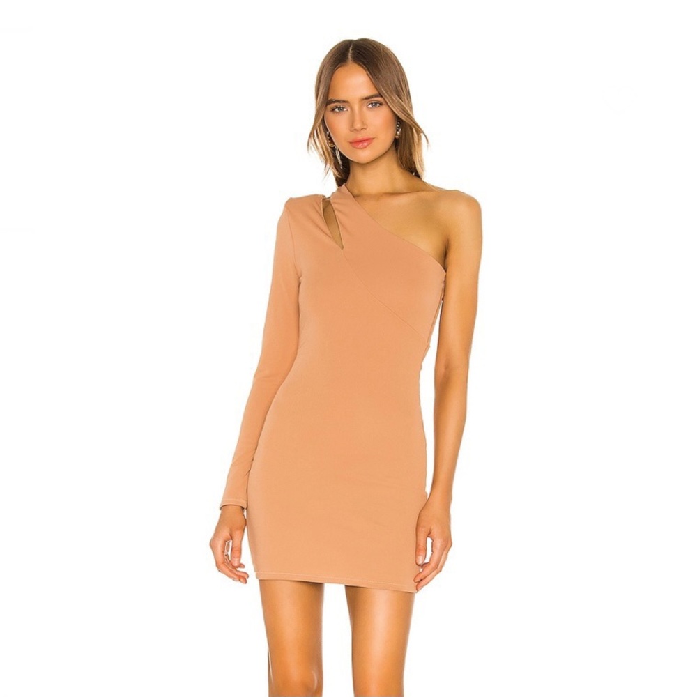 NEW NBD REVOLVE BEIGE ONE-SHOULDER MINI DRESS